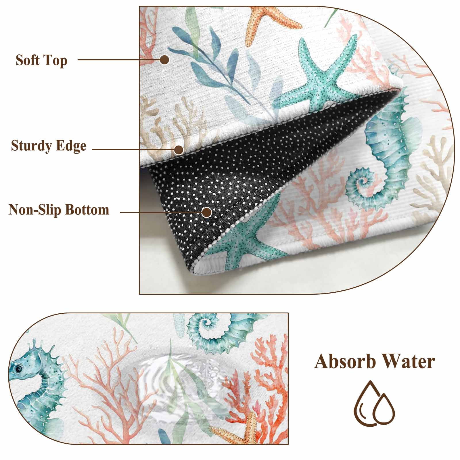 Entryway Rug 2'x3', Teal Red Seahorse Coastal Small Rug for Kitchen Bathroom Door Mat Indoor Entrance, Nautical Beach Coral Starfish Non-Slip Area Rugs Floor Mats Carpet Front Door Rugs