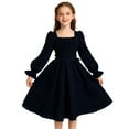 thumbnail image 3 of XAOFW Girls Dresses Puff Sleeves Elegant Waist Defining Flared Gown Autumn Fall Season Formal Occasions Special Events Square Collar Solid Color Fashionable Trendy Birthday Holiday Vacation Clothes, 3 of 5