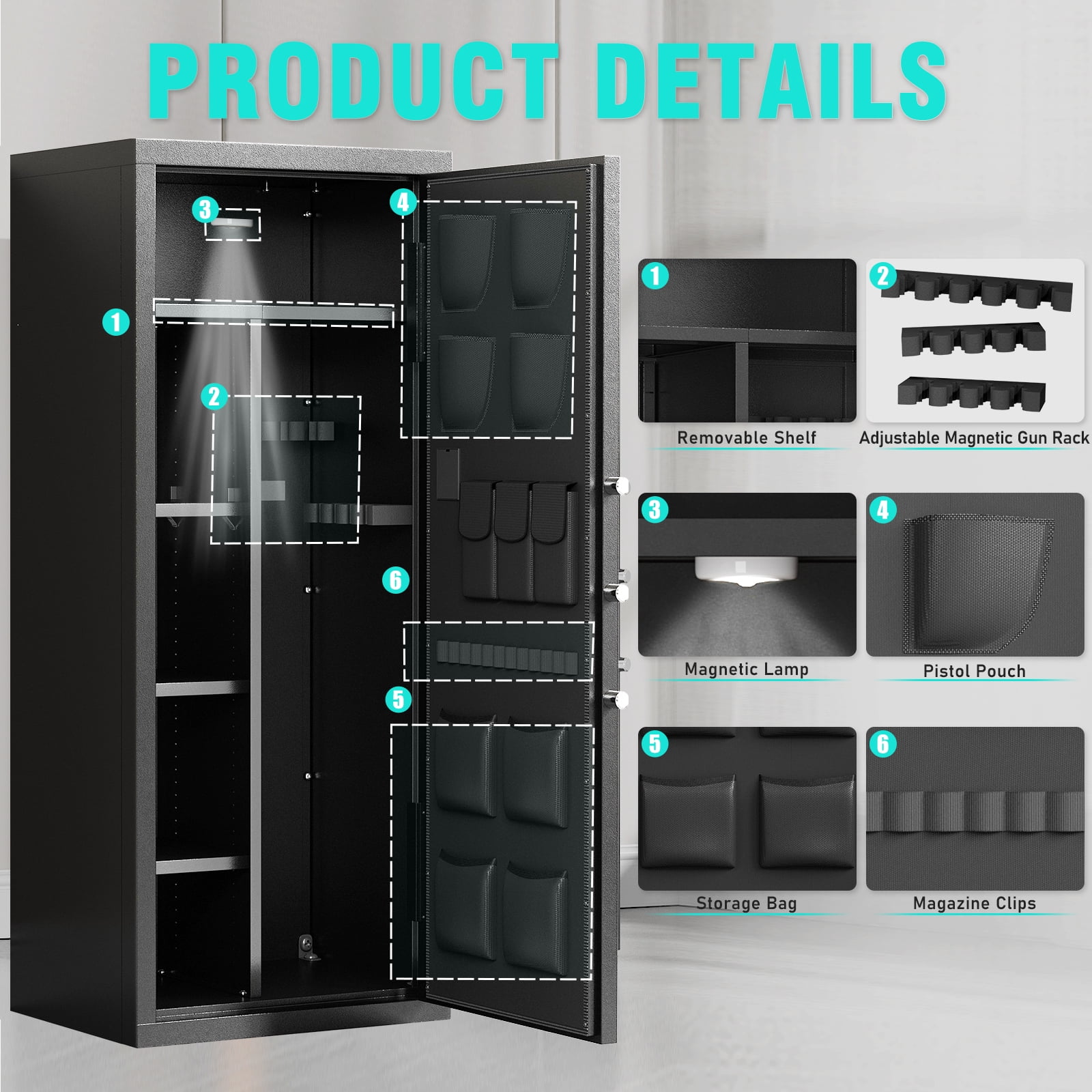 15-20 Gun Safe, Large Gun Safe for Pistols, Unassembled Gun Cabinet with Adjustable Shelf & Gun Rack, Gun Safe for Home and Shotgun, Quick Access Gun Cabinet with Mute Function & Dual Alarm