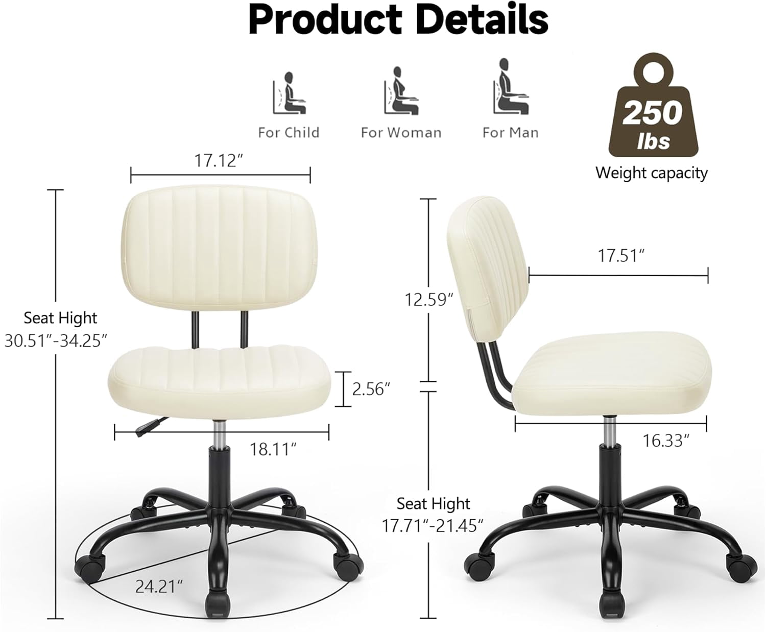 ENYLAY Small Armless Home Office Desk Chair, Ergonomic Cute Chair PU Leather with Adjustable Swivel Rolling Comfy Task Study Chair with Lumbar Support for Adult and Student, Bedroom (Beige White)