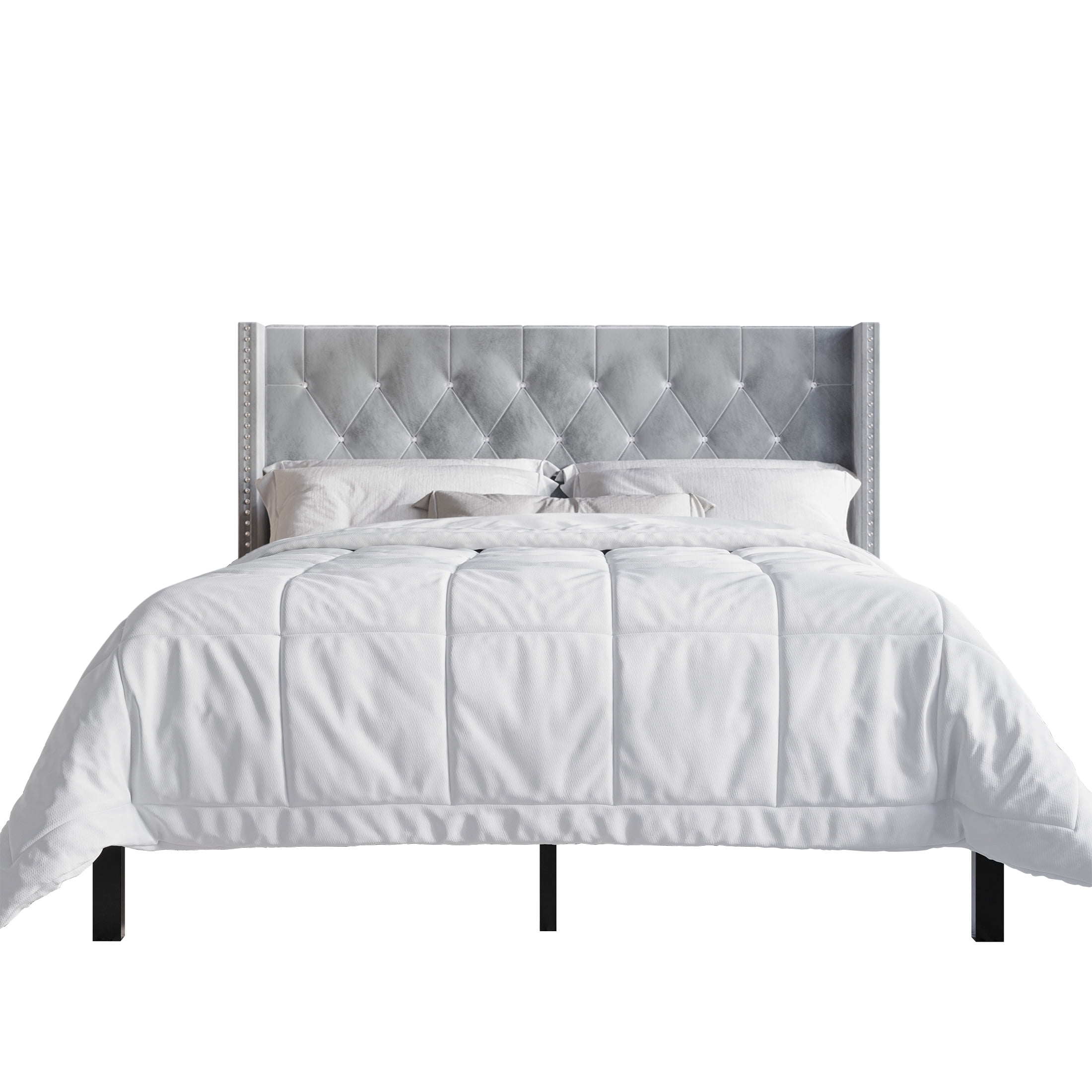 Castle Place Button Tufted Wingback Velvet Upholstered Bed with 2 Nightstands, Silver Grey, Full