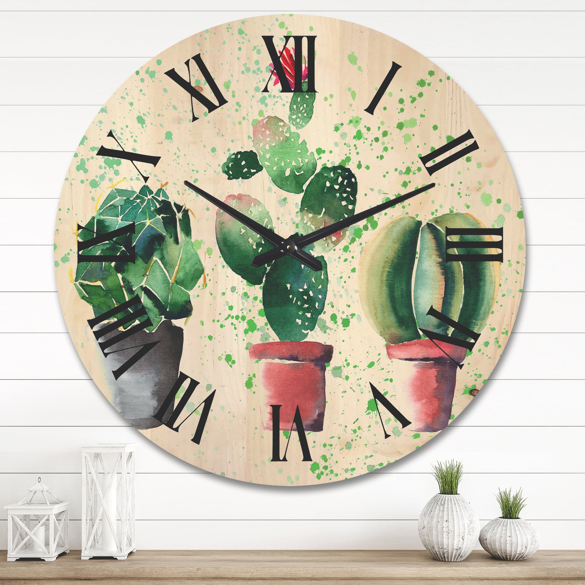 Designart 'Three Cacti In Clay Pots With Green Dots' Traditional Wood Wall Clock
