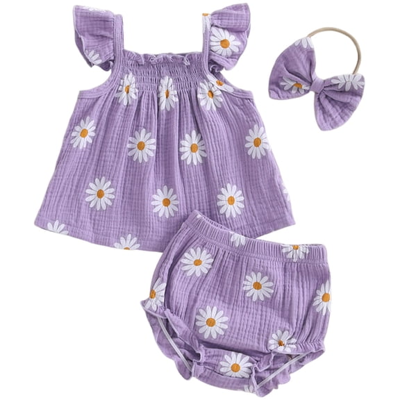 Petalier Baby Girl Summer Clothes Cute Ruffle Tops Dress Shorts Outfits Set Infant Toddler Shrit Bloomers Princess Outfit (Purple, 3-6 Months)