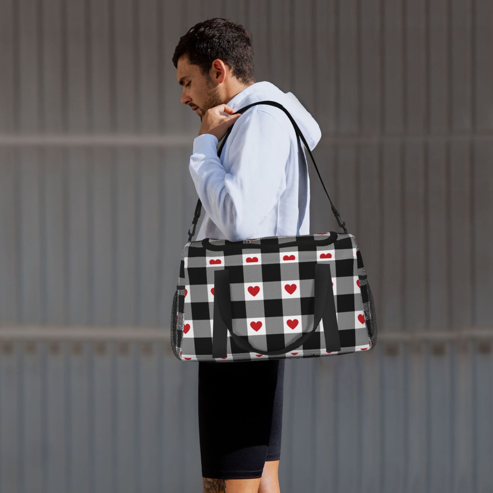 Fuzoiu Heart Black Buffalo Plaid Gingham Print Travel Duffle Bag,Carry On Tote Bags,Duffel Bag,Sport Gym Bag, Hospital Bag for Labor and Delivery, Overnight Bag,Luggage Bag