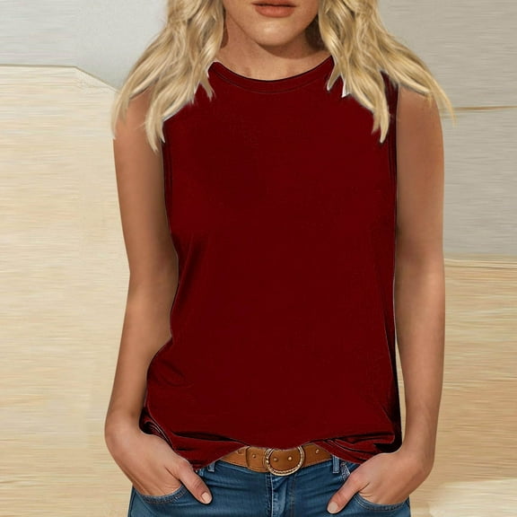 Plus Size Tank Tops for Women Summer Basic Sleeveless Blouse Solid Color Crew Neck Classic Tanks