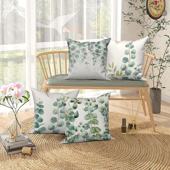 Set of 4 Throw Pillow Covers Green Leaves,Summer Farmhouse Linen Pillow Case for Living Room Home Decor,18x18 In