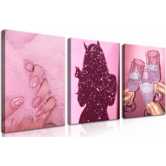 Framed Pink Canvas Wall Art Set of 3, Cute Cartoon Pictures Wall Decor, Warm Teen Girls Posters Print Paintings, for Kids Room Girls Dormitory Nursery Decoration 12x16 inch