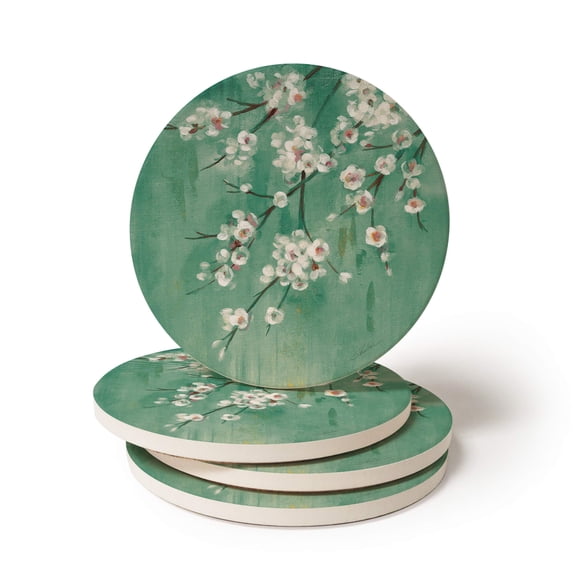 Coasterstone Juego De Cuatro Posavasos Para Bebidas, Color Verde Azulado Y Flor De Cerezo