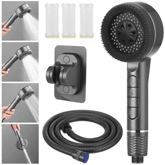 High Pressure Shower Head Set with Hose and Holder, Multi-Layer Filter Shower Head with 4 Spray Modes, Detachable Silicone Brush, No-Drill Shower Stand for Bathroom Use