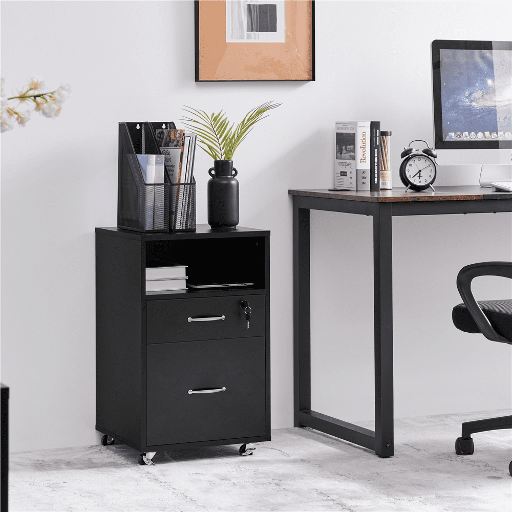 Alden Design 2- Drawer Wooden Vintage Mobile File Cabinet for Home and Office, Black