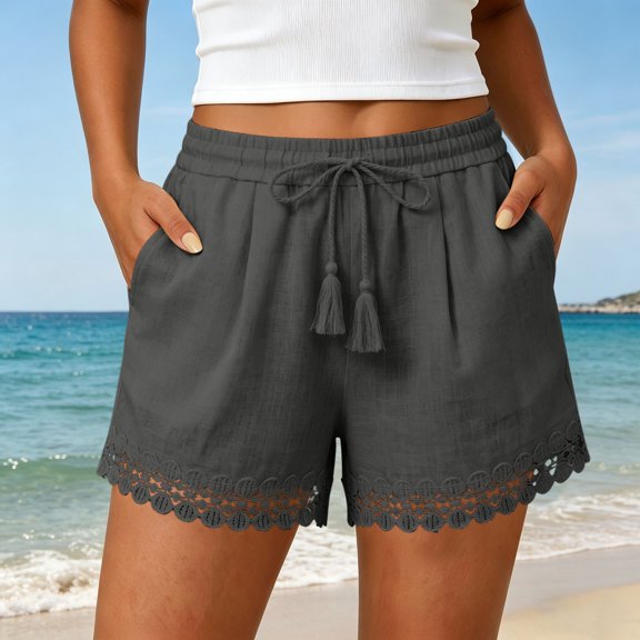 Cagogo Women Cotton Linen Plus Size Shorts Elastic Waist Shorts with Pockets Casual Solid Loose Vacation Beach Travel Trousers, Dark Gray 3XL