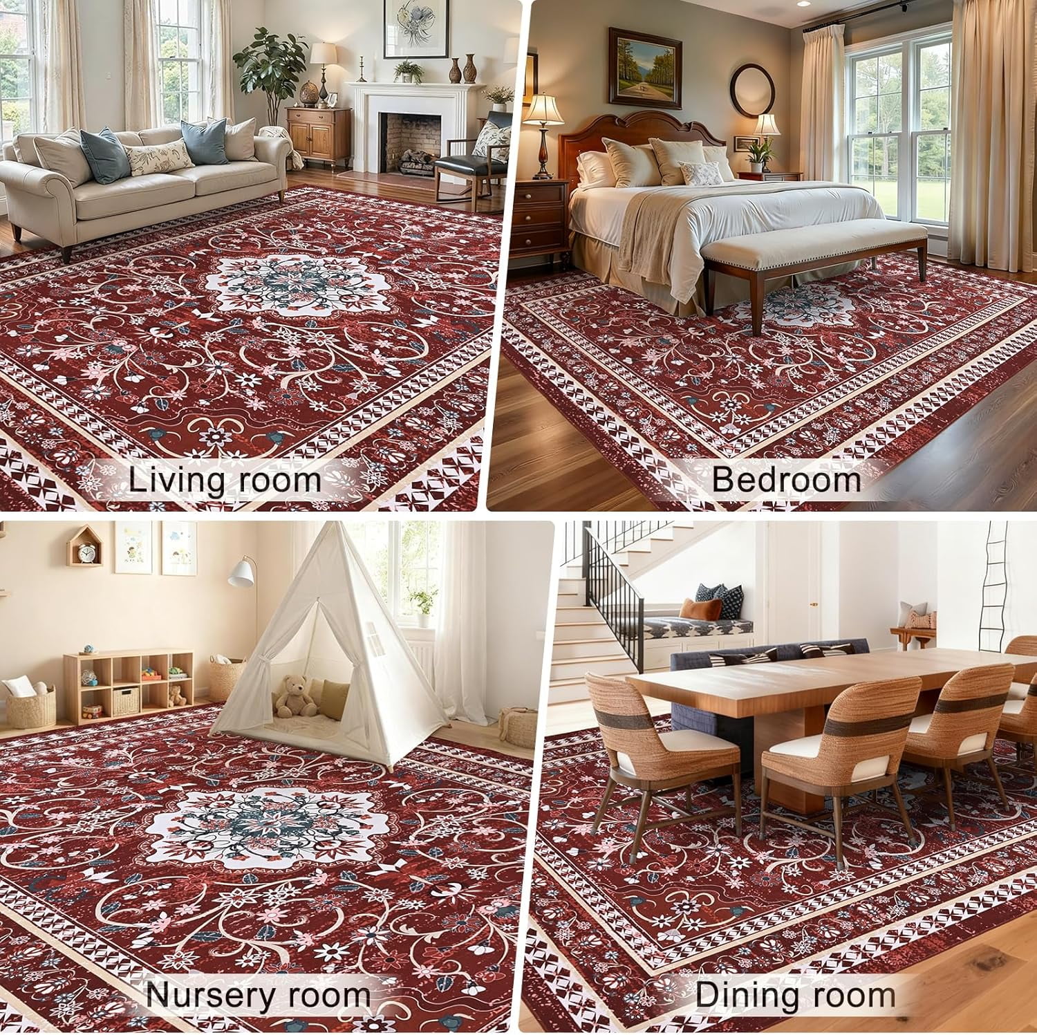 Bleum Cade 8'x10' Area Rugs for Living Room, Washable Rugs Vintage Rugs for Bedroom Dinning Room,Boho Floral Rug Ultra Soft Non Slip Durable Large Carpet Home Decor, Red