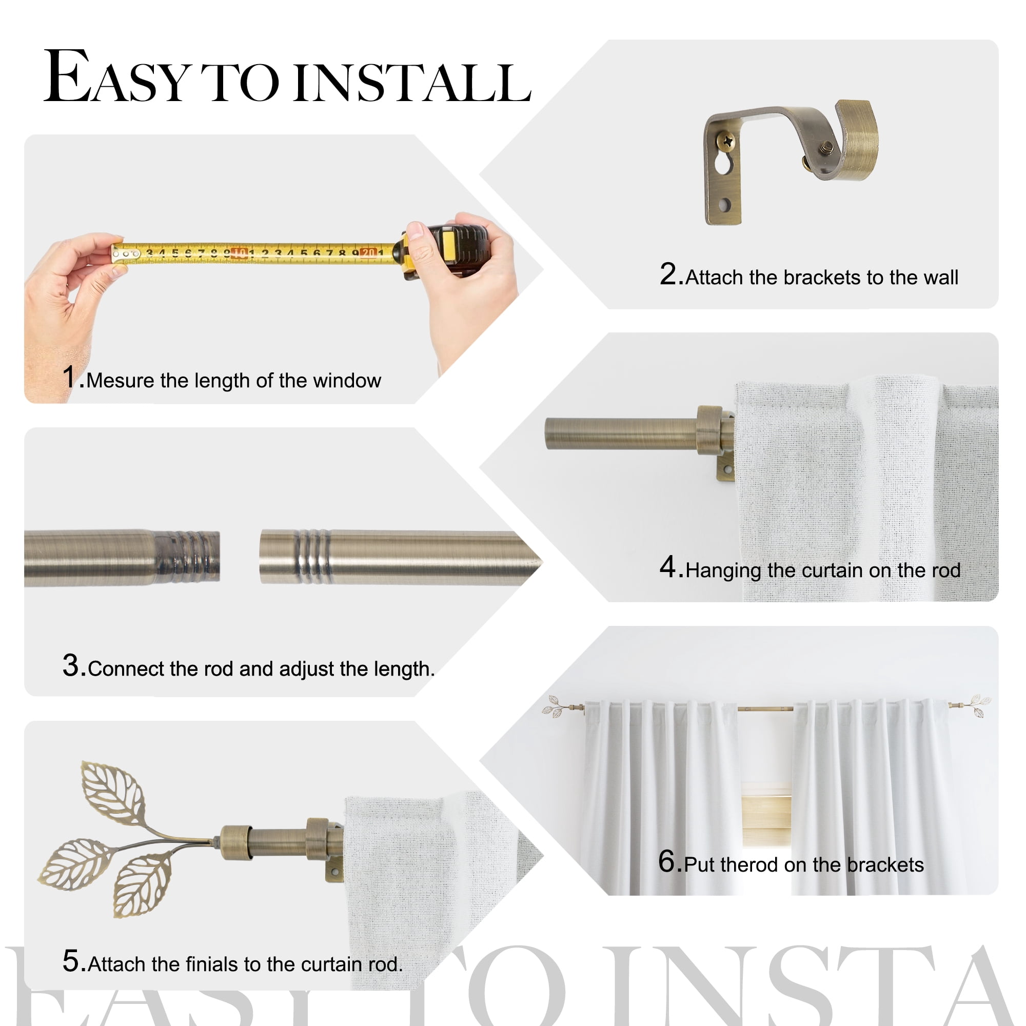 NICETOWN Brass Curtain Rod for Windows 28 to 48 inch, Adjustable Standard 1 inch Diameter Farmhouse Single Curtain Rod Set with Leaf Finials, Antique Brass