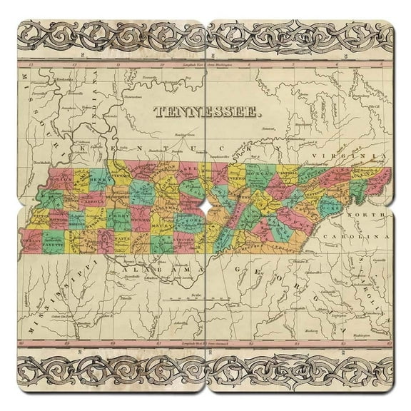 Torched Tennessee Old World Map Coaster Drink Beer Coaster 4"x4" Multicolor