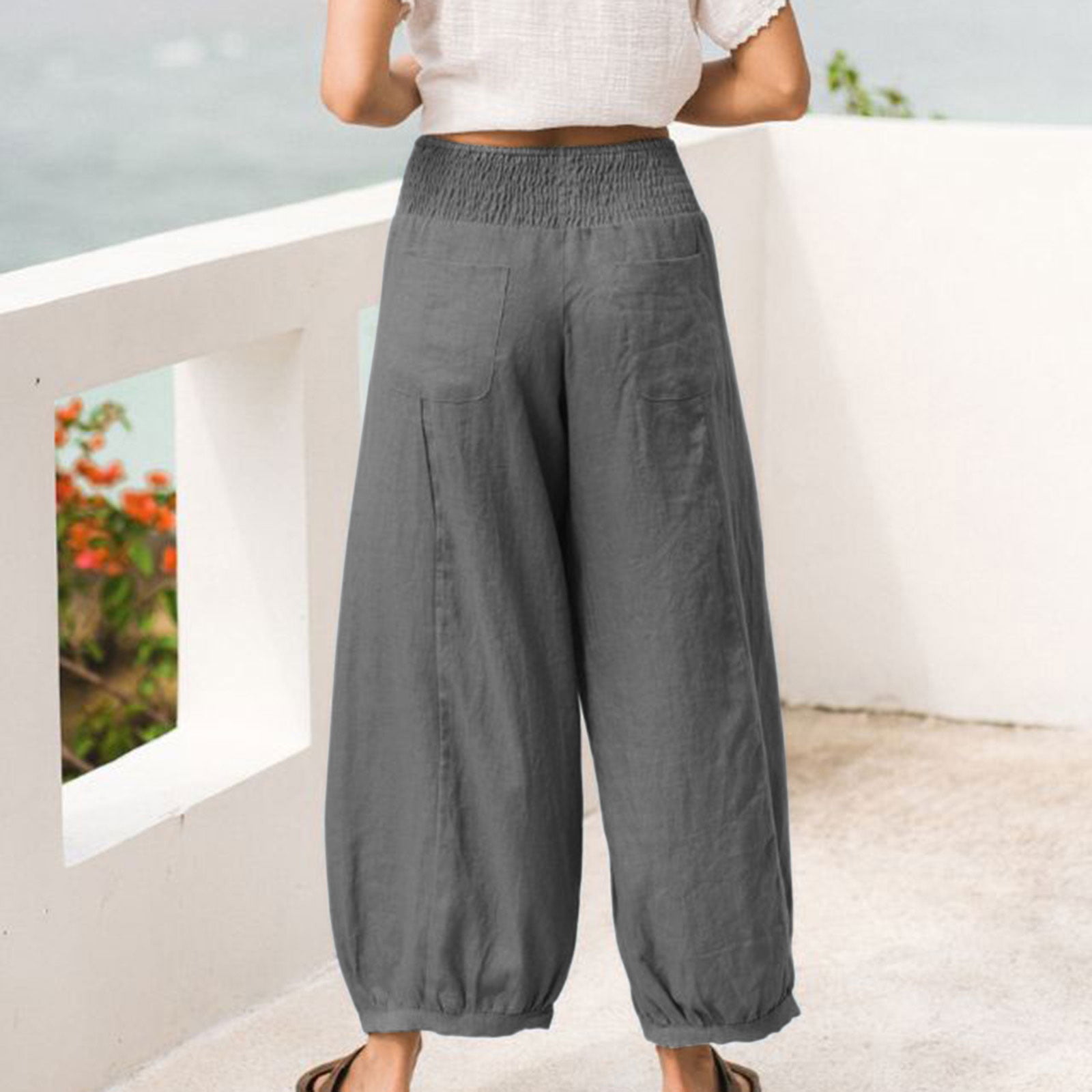 JEGULV Linen Pants for Women Casual Summer High Waist Wide Leg Palazzo Lounge  Pants Solid Baggy Pant Trousers with Pocket D01#khaki Small