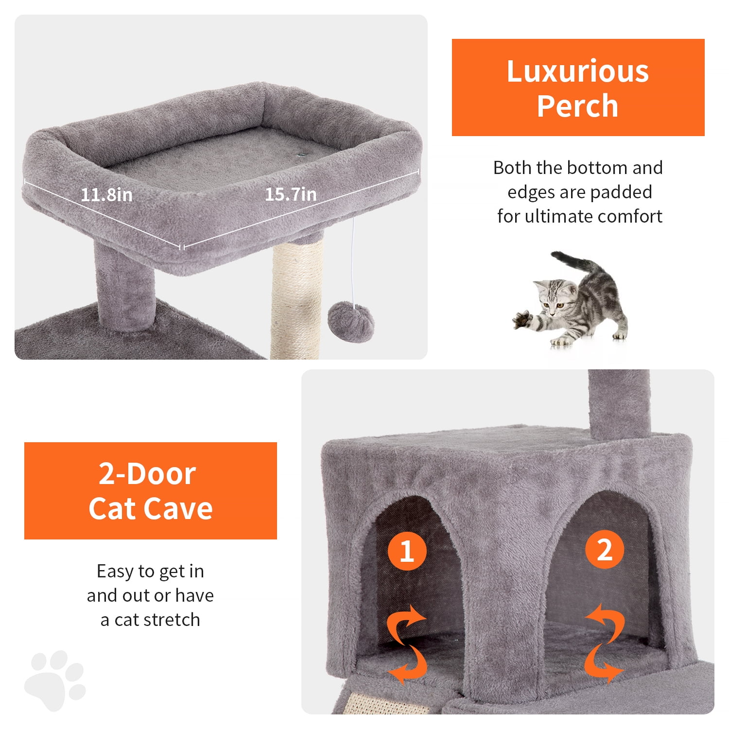 YRLLENSDAN 36 inches Cat Tree for Indoor Cats Cat Tower with Scratching Posts Multi-Level Cat Furniture Condo with Ramp, Perch Spacious Cat Cave & Funny Toys for Kittens House (Ashy)