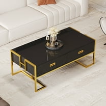 Modern Rectangular Coffee Table, Wood Center Table With Storage Drawers and Gold Metal Frame For Living Room Office Apartment