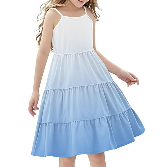Efsteb Summer Dress for Girls Casual Ssleeveless Boho Strap Sling Dress Loose Comfy Tiered Cami Beach Dresses (Blue,13 Years)