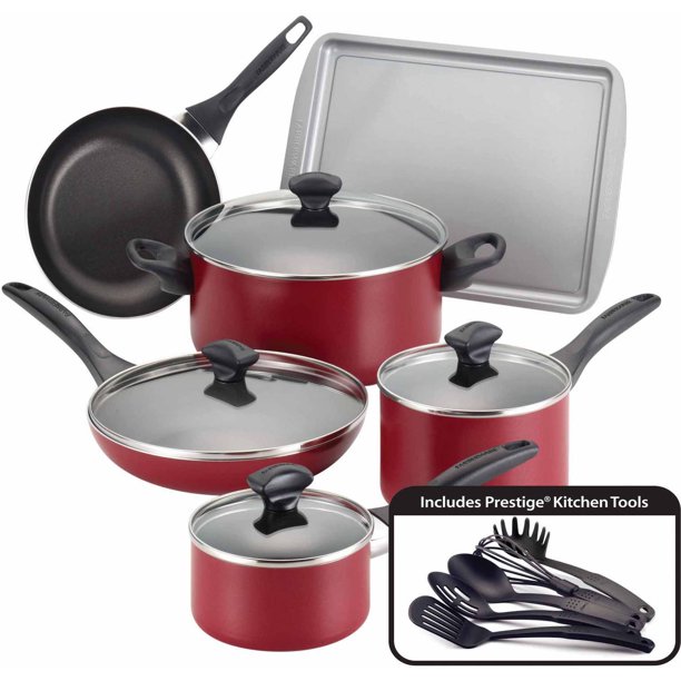Farberware Dishwasher Safe Nonstick Cookware Set, 15Piece, Red