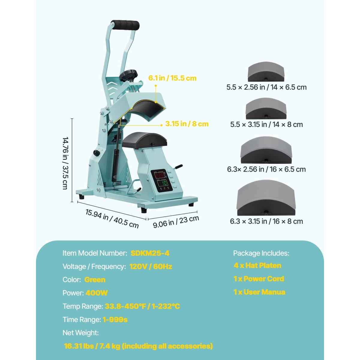 Hat Heat Press Machine For Caps With 4 Platens Green Heat Press For HTV And Heat Transfer Projects