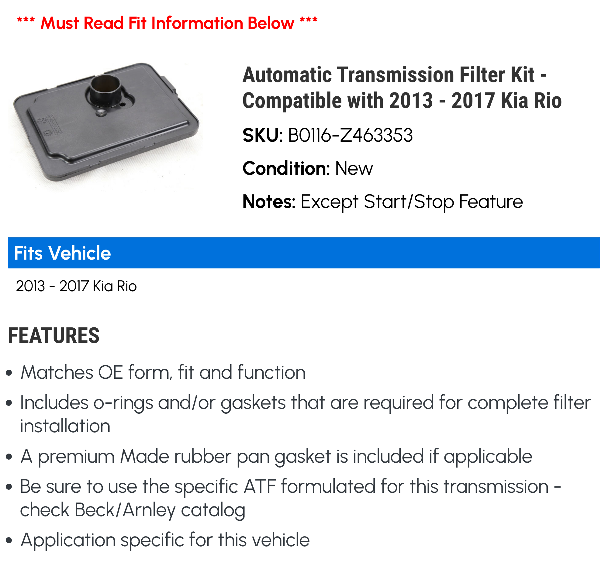 Automatic Transmission Filter Kit - Compatible with 2013 - 2017 Kia Rio - Beck Arnley