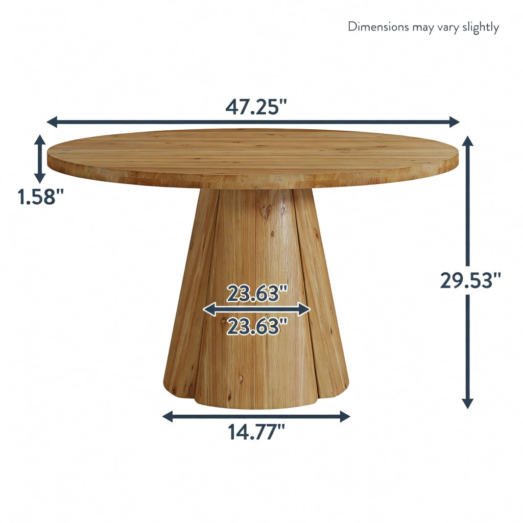 Hommoo 47.24" Solid Wood Round Dining Table, Farmhouse Pedestal Kitchen Table for 4 to 6 People, Natural