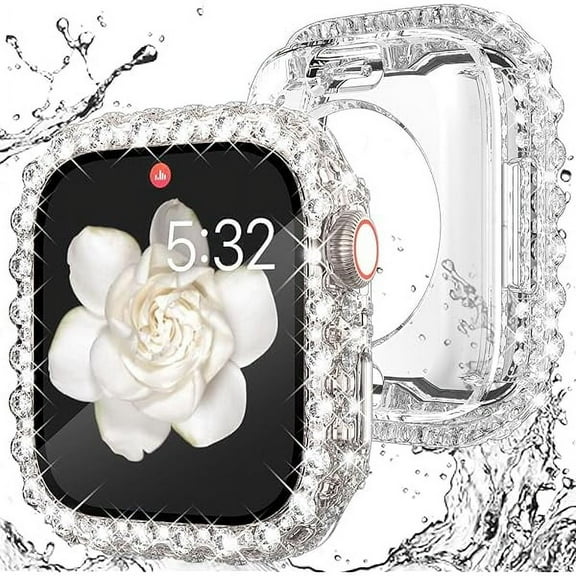 lulufa 2 in 1 Waterproof Case for Apple Watch 45mm Screen Protector Case Series 9 8 7, Bling Lace Edge Diamond Face Cover Full Glitter Rhinestone Protective Bumper for iWatch Women, 45 mm Clear