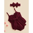 thumbnail image 3 of Liacowi Baby Summer Romper Outfit for Girls 2022 Summer Solid Color Sleeveless Spaghetti Strap Bowknot Jumpsuit + Headband, 0-24 Months, 3 of 9