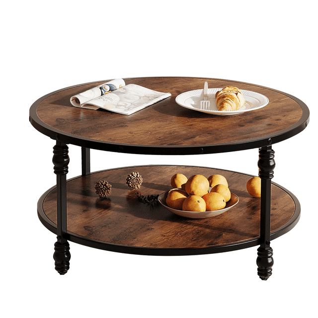 QinaQin 2-Tier Round Coffee Table, Rustic Wood Center Table with Storage Shelf and Metal Legs