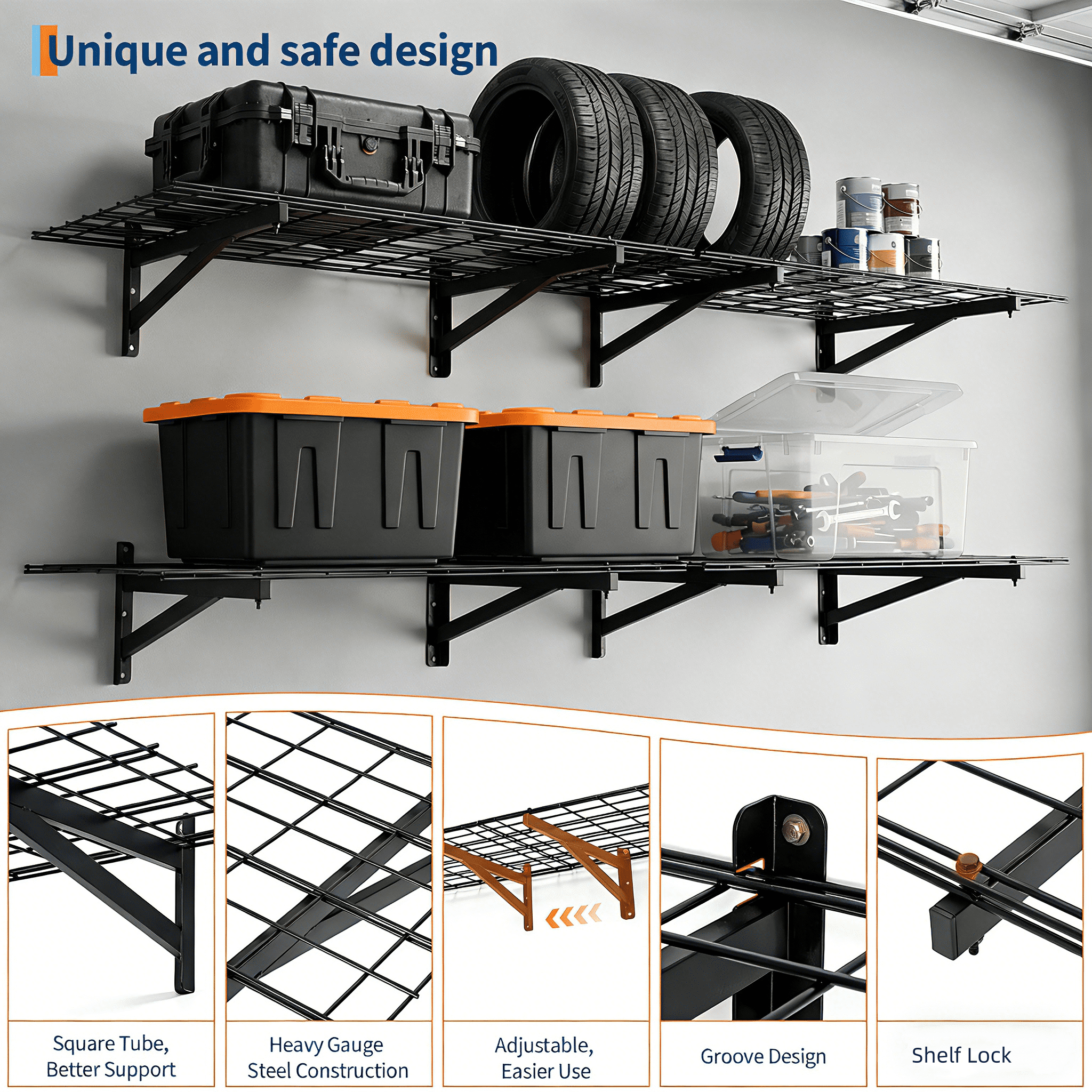4 Pack Heavy Duty Garage Wall Shelving Set (2x3ft), Wall Mounted Garage Shelves 1400lbs Capacity, 24"X72" Shelf Storage Rack Floating Shelves, Storage Racks for Shop, Shed, Storage Shelve, Black