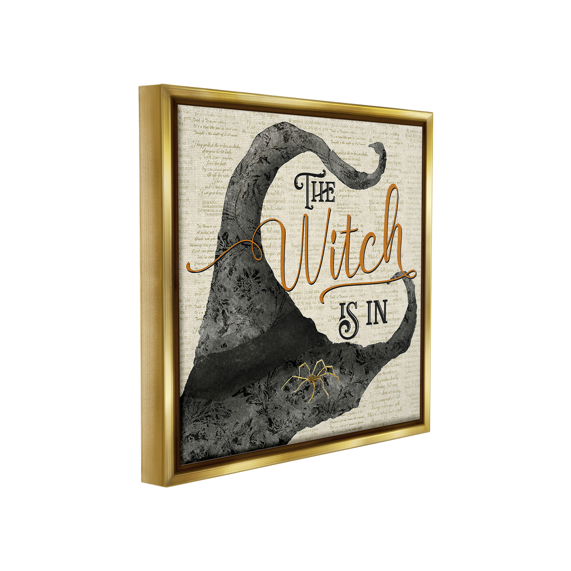 Stupell Industries Vintage Witch Hat Phrase Holiday Painting Gold Floater Framed Canvas Art Print Wall Art, 18 x 18