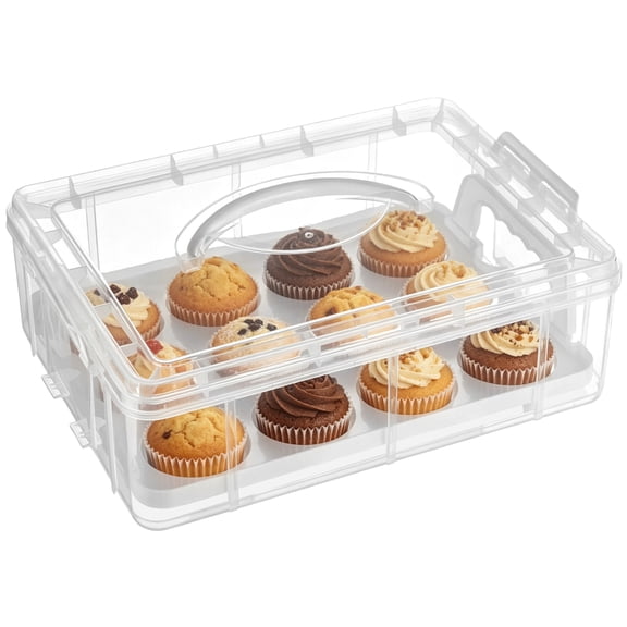 Transparent 12-Hole Cupcake Carrier with Individual Inserts, 14 x 10 x 4.5 in Plastic Cake and Dessert Transport Container, Secure Buckles and Integrated Handle for Parties, Picnics, Baking