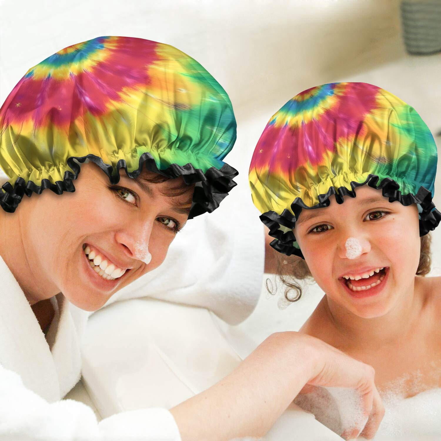 Shower Caps,Colorful Rainbow Tie Dye Spiral Pattern Waterproof Shower Cap for Women 4 Pieces,Double Reusable Hair Cover for Shower PEVA Elastic Stretch Hem