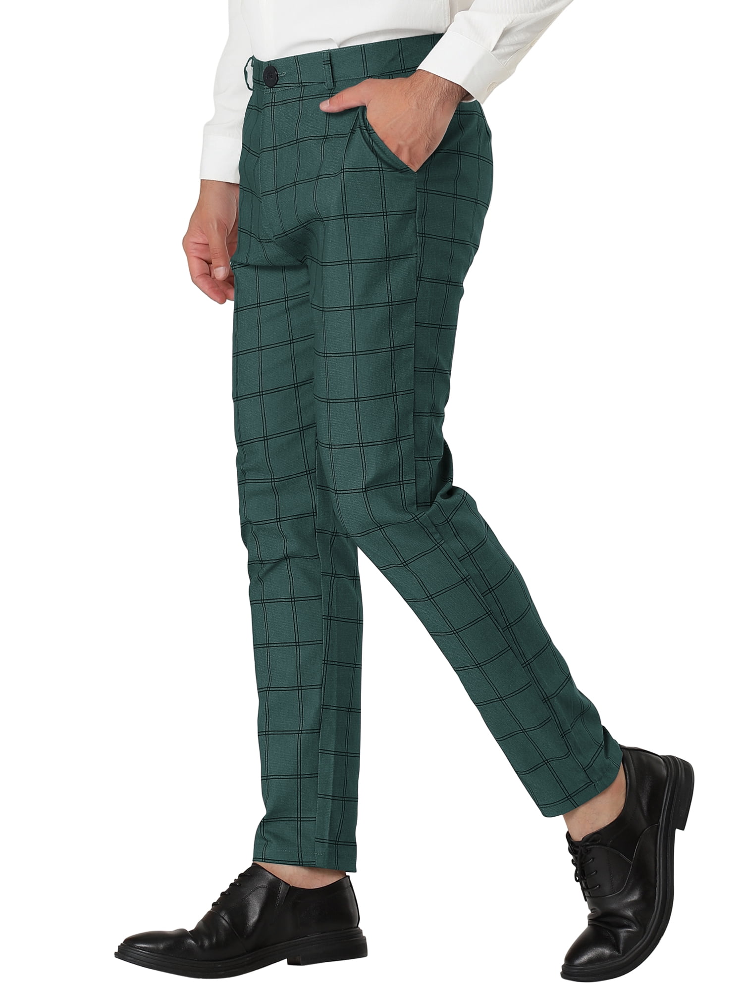 Unique Bargains Men's Slim Fit Plaid Business Pants Trousers with Pockets 32 Dark Green