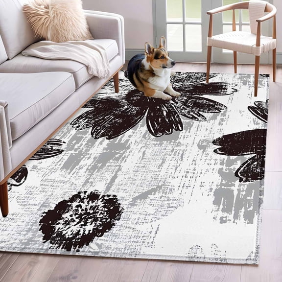 Area Rugs for Living Room 4x6 Ft, Black White Spring Floral Non Slip Area Rugs for Kitchen Bedroom Entryway, Summer Flowers Botanical Washable Carpet Runner Rug Floor Mats for Bedroom Home Decor