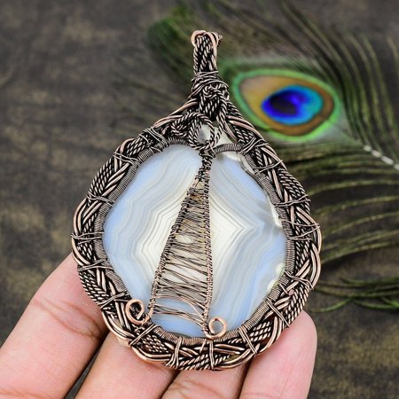 Natural Aqua Botswana Druzy Gemstone Copper Wire Wrap Gift Pendant 3.70
