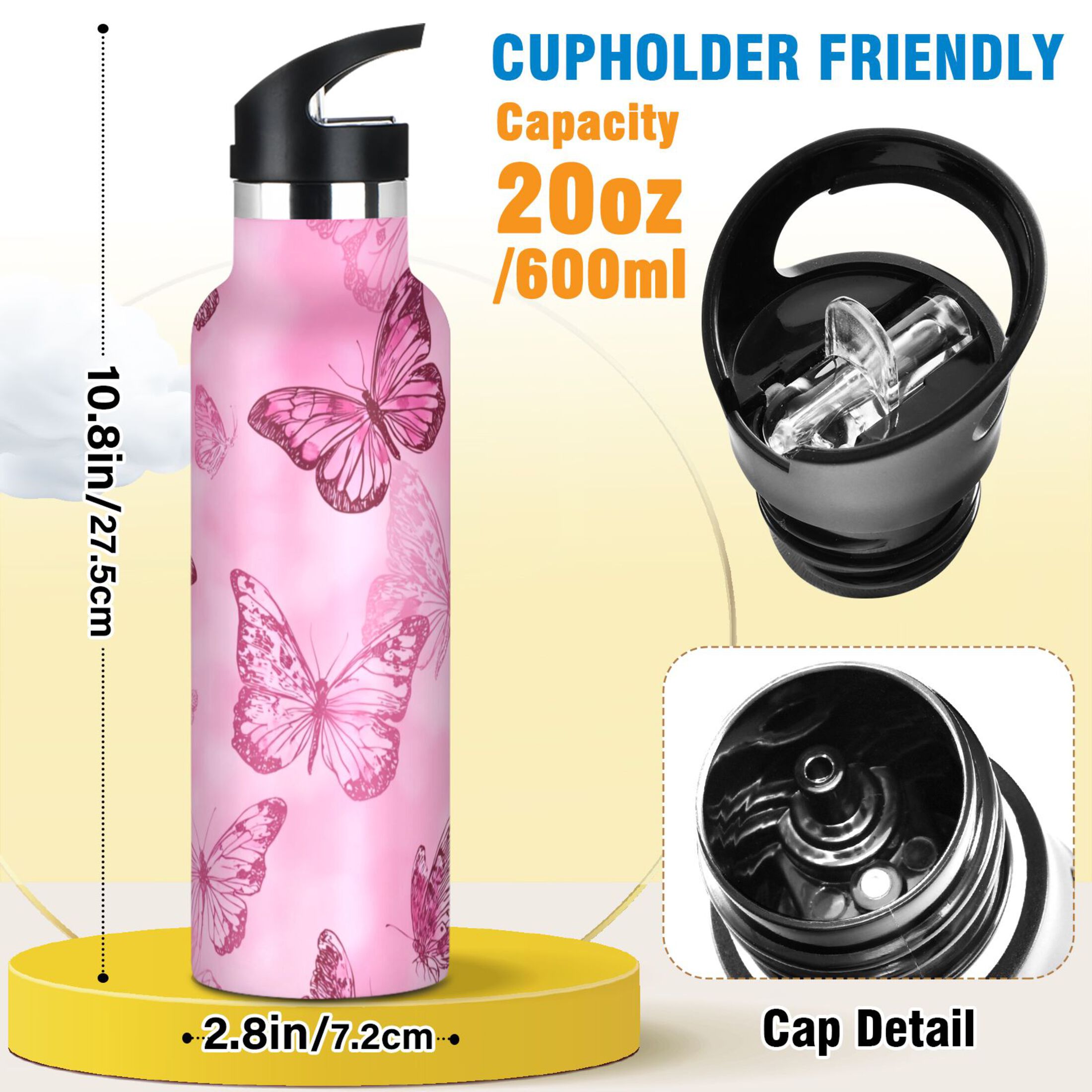 Kids Insulated Stainless Steel Sports Water Bottle 600ml (20oz) Pink Butterfly Pattern