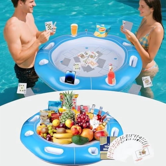 Floating Table for Pool with Waterproof Card & 6 Cup Holders, 40" Inflatable Pool Float Game Table for Adults, Floating Pool Table for Pool Party, Hot Tubs, Snacks, Drinks & Summer Fun Indoor Outdoor