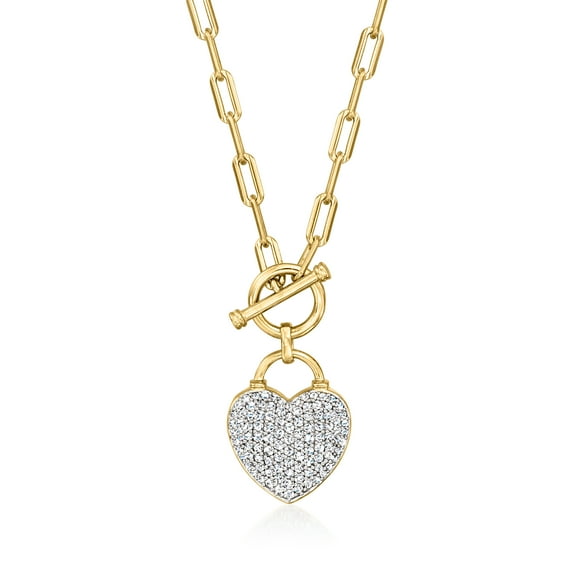 Ross-Simons 0.75 ct. t.w. Diamond Heart Lock Toggle Necklace in 18kt Gold Over Sterling and Sterling Silver, Women's, Adult