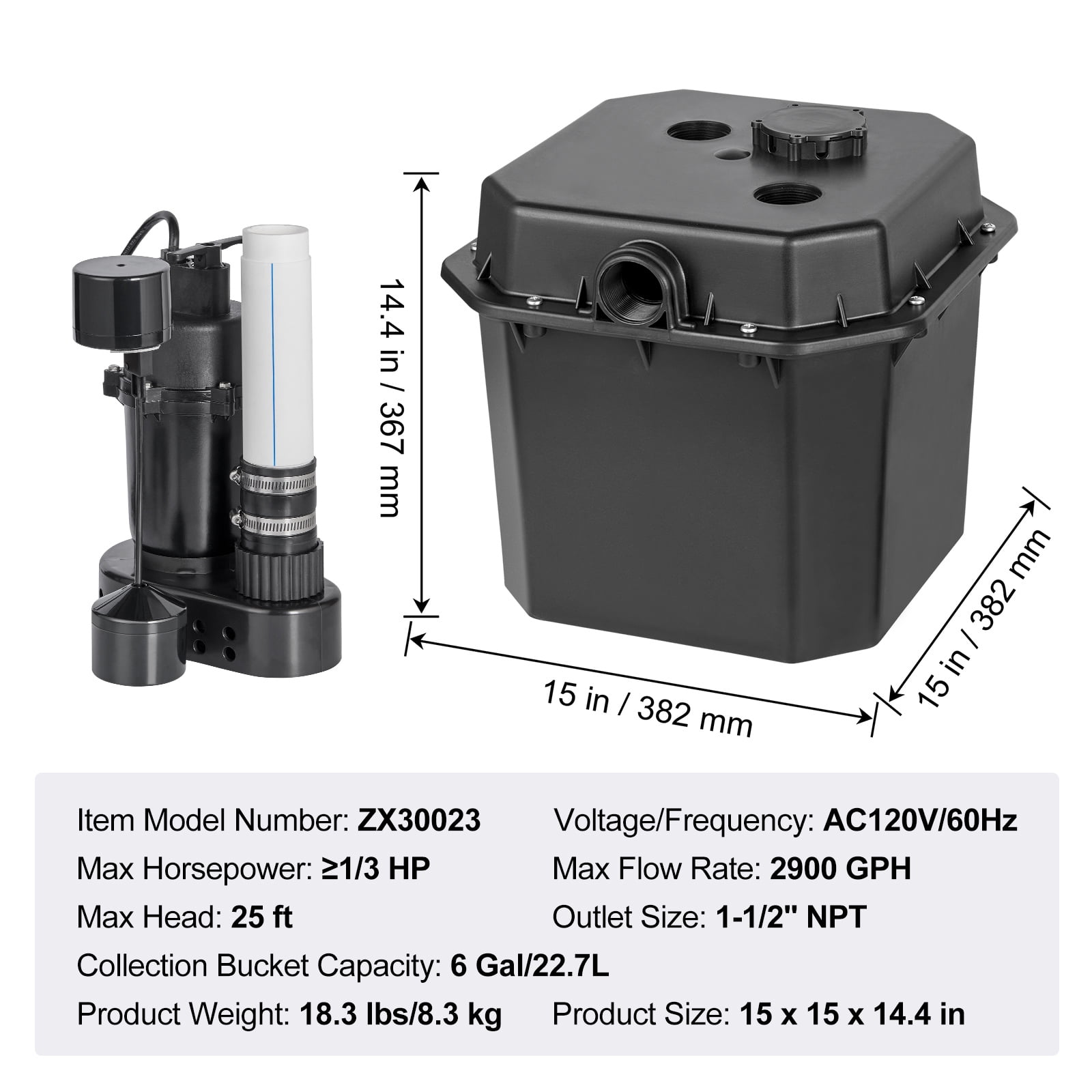 KFFKFF Under-Sink Sump Pump, 1/3 HP, 120V, 2900 GPH, 25 ft Lift, Includes 6 Gal Basin, Auto Utility/Laundry Drain Pump, 1-1/2" NPT Outlet, Black
