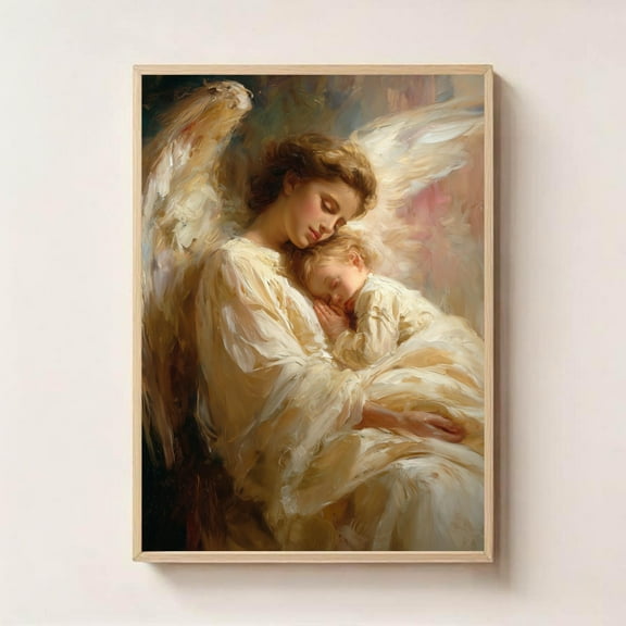 Guardian Angel And Child Print – Angel Holding Baby Art, Comforting Heavenly Wall Decor, Christian Nursery Blessing Poster UNFRAMED Poster, Wall Art for Decor, Present, 8x12