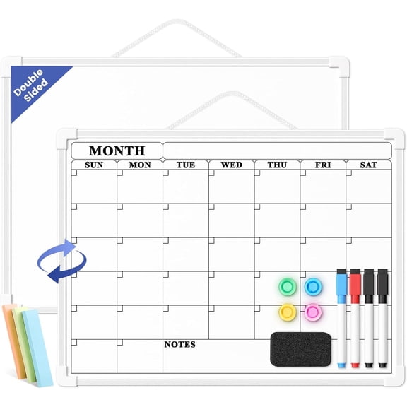 Monthly Whiteboard Calendar for Wall, Small 16" x 12" Dry Erase Board with Plastic Frame, Hanging Dry Erase Calendar with 3 Mini Sticky Notes for Kitchen Planner, Memo, Home and Office