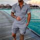 thumbnail image 2 of Mens Casual Pantalones Turndown Cuello Manga Corta Mitad Cremallera Blusa Y Bolsillos Pantalones Traje Deportivo para Diario, 2 of 9