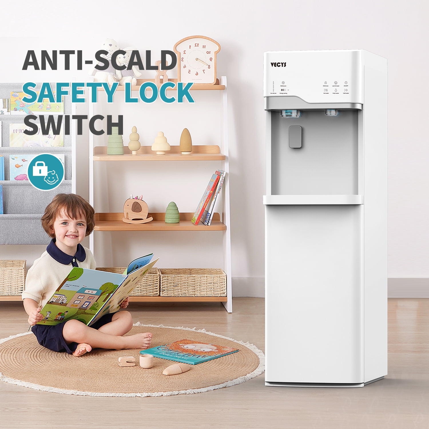 VECYS Bottom Loading Ice Maker Self-Clean Hot Cold Water Dispenser for 5 Gallon Bottle, 22LBS Daily Ice Making, Child Safety Lock, White