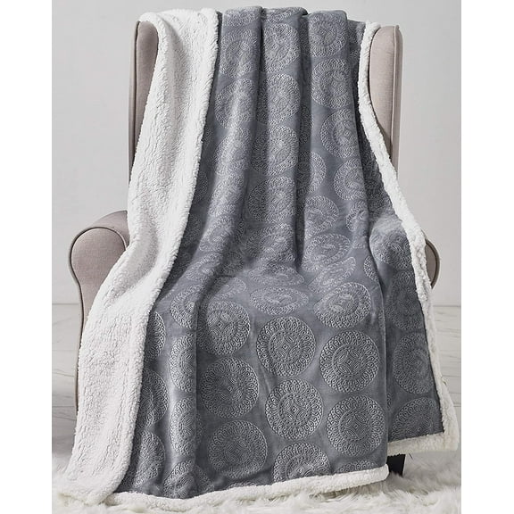 Faith, Hope, Love Home Décor Bon Iver Collectionextra Soft Mandala Embossed Microplush Throw Blanket With Sherpa Backing (50" X 60") - Grey