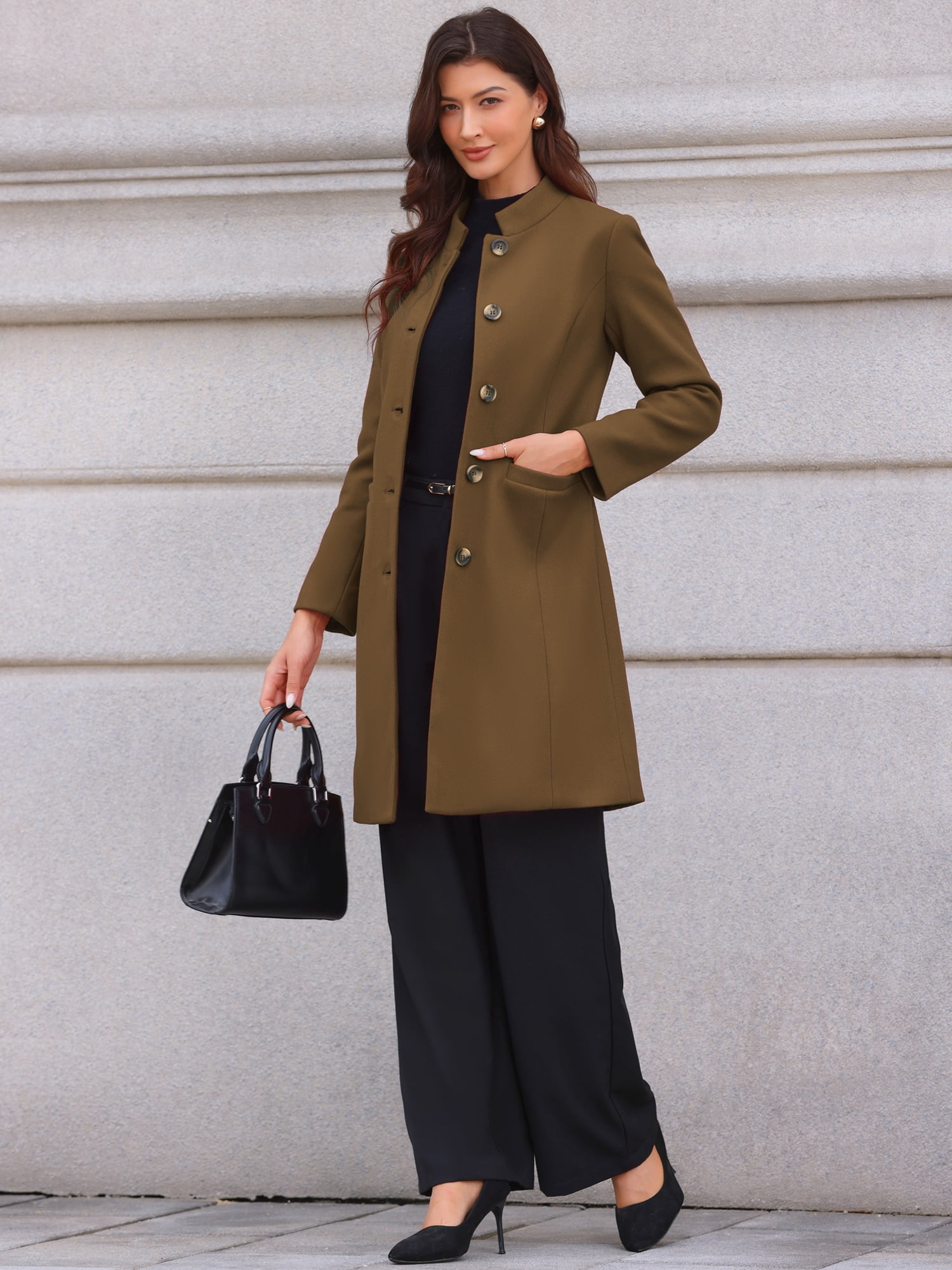 DARING DIVA Women's Stand Collar Mid-Length Overcoat with Pockets XL Brown