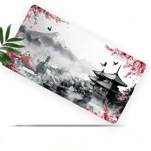 License Plate, Cherry Blossoms and Pagoda Landscape Decorative Front,Personalized Stainless Steel License Plate Cover For Men Women,12.2" X 6.2"