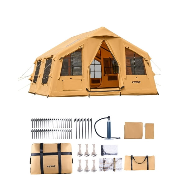 VEVOR Inflatable Tents for Camping,8-12 Person Easy Setup Blow up Tent with Hand Pump,4 Season Luxury Glamping Tent with 2 Skylights, Canopy,Stove Jack, 2 Doors & Mesh Windows(Include Storage Bag)