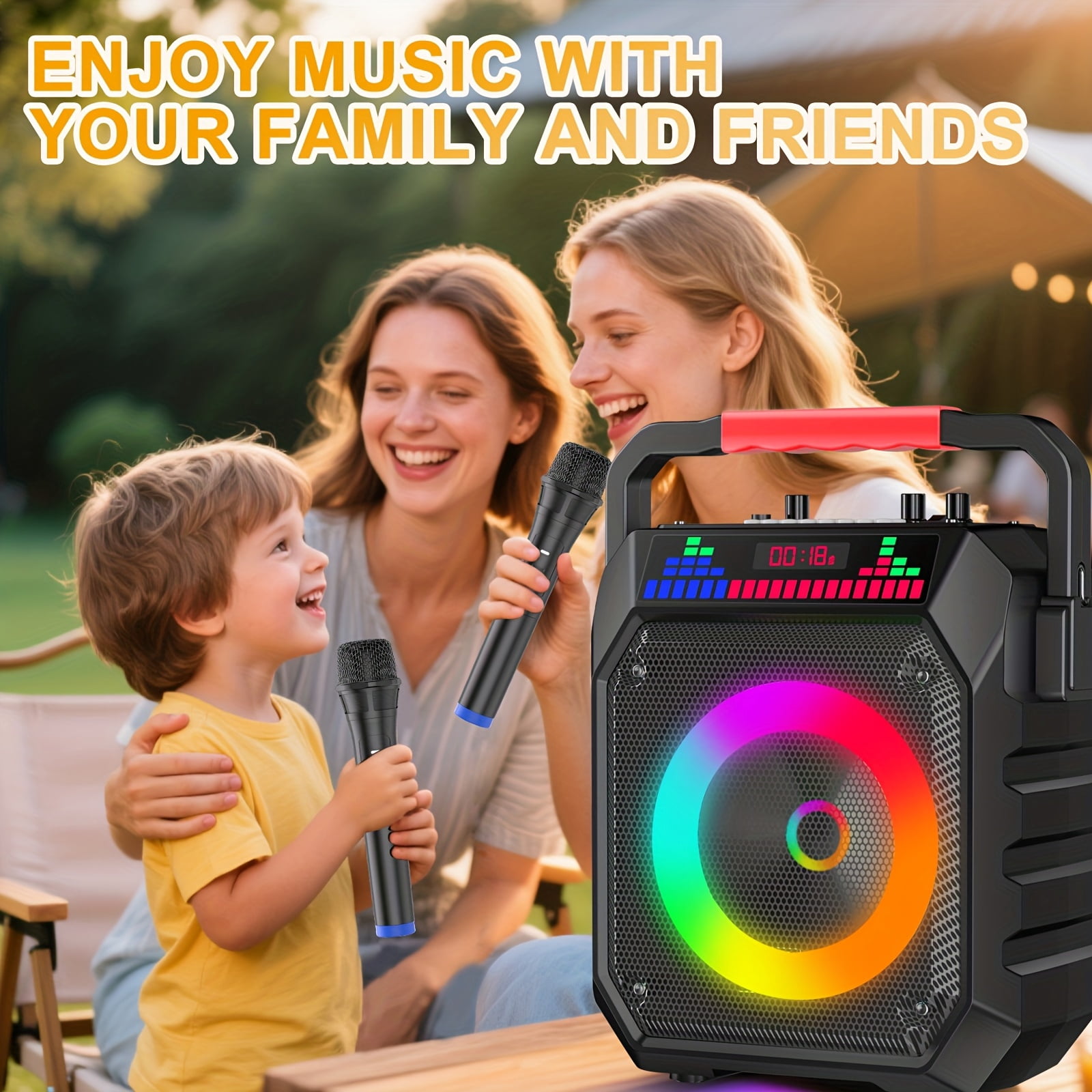 Karaoke Machine with Two Wireless Microphones, Portable Speaker with LED Lights for Karaoke Machine for Adults And Kids, Supports BT/USB PA System for Home Singing Outdoor Party, Music Gifts.