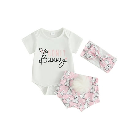 

Baby Girl Easter Outfit Round Neck Short Sleeve Romper + Rabbit Print Shorts + Headband 3 Piece Infant Sets